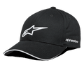 Alpinestars Rostrum Hat, gorra de béisbol negra con logotipo de estrella bordado en 3D blanco, visera curva con detalle sándwich blanco, marca denominativa Alpinestars en el lateral, accesorio de cabeza estilo de vida motorsport