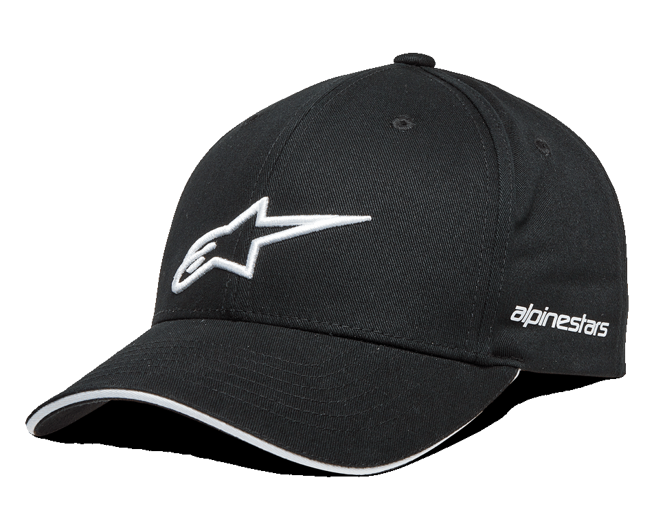 Alpinestars Rostrum Hat, Black Baseball Cap with White 3D Embroidered Star Logo, Curved Bill with White Sandwich Detail, Side Alpinestars Wordmark, Motorsport Lifestyle Headwear