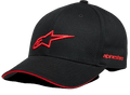 Alpinestars Rostrum Hat, Black Baseball Cap with Red 3D Star Logo, Curved Brim with Red Sandwich Bill Detail, Embroidered Alpinestars Side Branding, Casual Motorsport Headwear