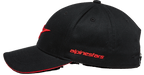 Alpinestars Rostrum Hat, Baseball Cap, Black and Red, side profile view, curved bill with red sandwich edge, 3D embroidered logo on front, red alpinestars wordmark on side, casual motorsport streetwear