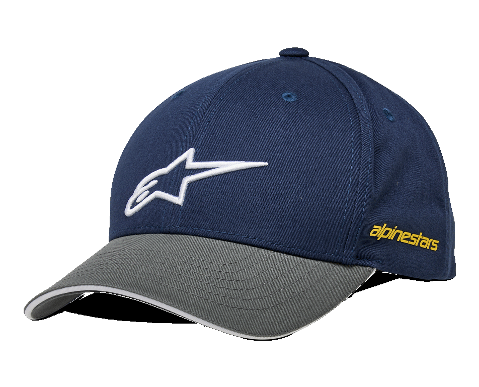Gorra Alpinestars Rostrum, gorra de béisbol, azul marino y gris, logo de estrella blanco bordado, marca amarilla en el lateral, visera curva, estilo casual de automovilismo