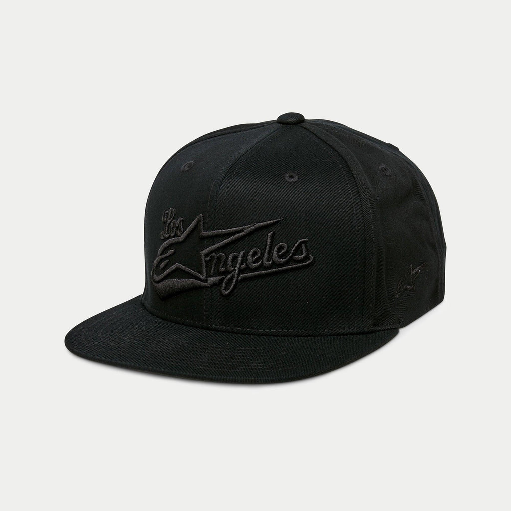 Gorra Alpinestars Los Angeles, gorra snapback de visera plana, negra, bordado tonal en 3D con la inscripción Los Angeles y el logotipo Ageless, corona estructurada, ropa deportiva casual