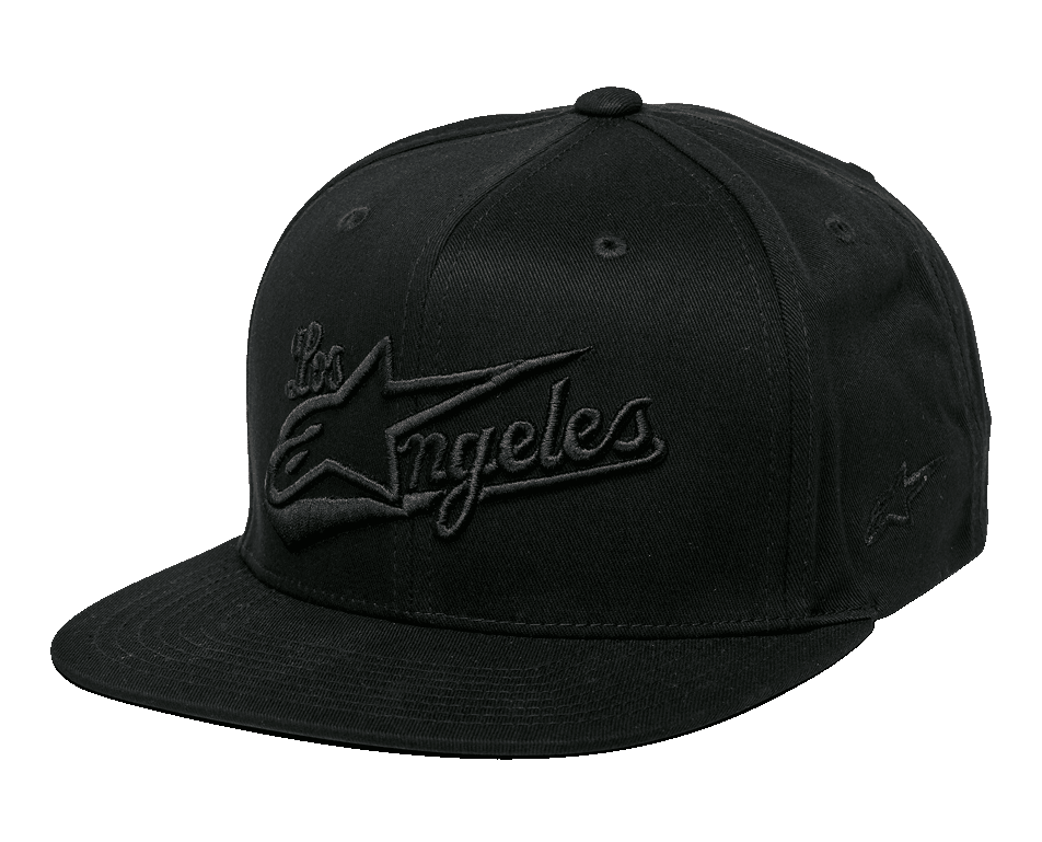 Gorra Alpinestars Los Angeles, gorra snapback de visera plana, totalmente negra, bordado 3D con fuente atlética de Los Ángeles y logotipo Ageless en la parte frontal, corona estructurada, estilo streetwear casual