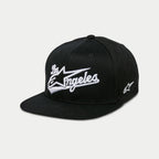 Alpinestars Los Angeles Hat, Flat Bill Snapback Cap, Black and White, 3D embroidered athletic font with Astars logo, structured crown, casual motorsport streetwear