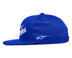 Gorra Los Angeles de Alpinestars, gorra snapback de visera plana, azul con bordado blanco, vista lateral con corona estructurada, letras bordadas en 3D en la parte delantera y pequeño logotipo Ageless en el lateral