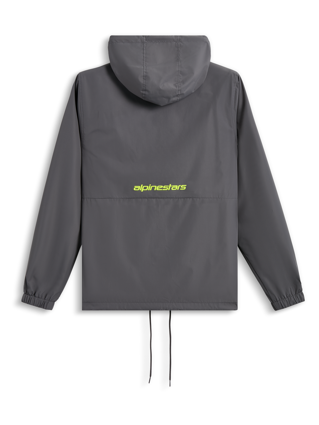Alpinestars Speeder Chromium Windbreak Jacket, vista trasera, gris carbón con logotipo amarillo de alta visibilidad en la espalda, cortavientos con capucha con puños elásticos y dobladillo con cordón, ropa urbana informal inspirada en el automovilismo