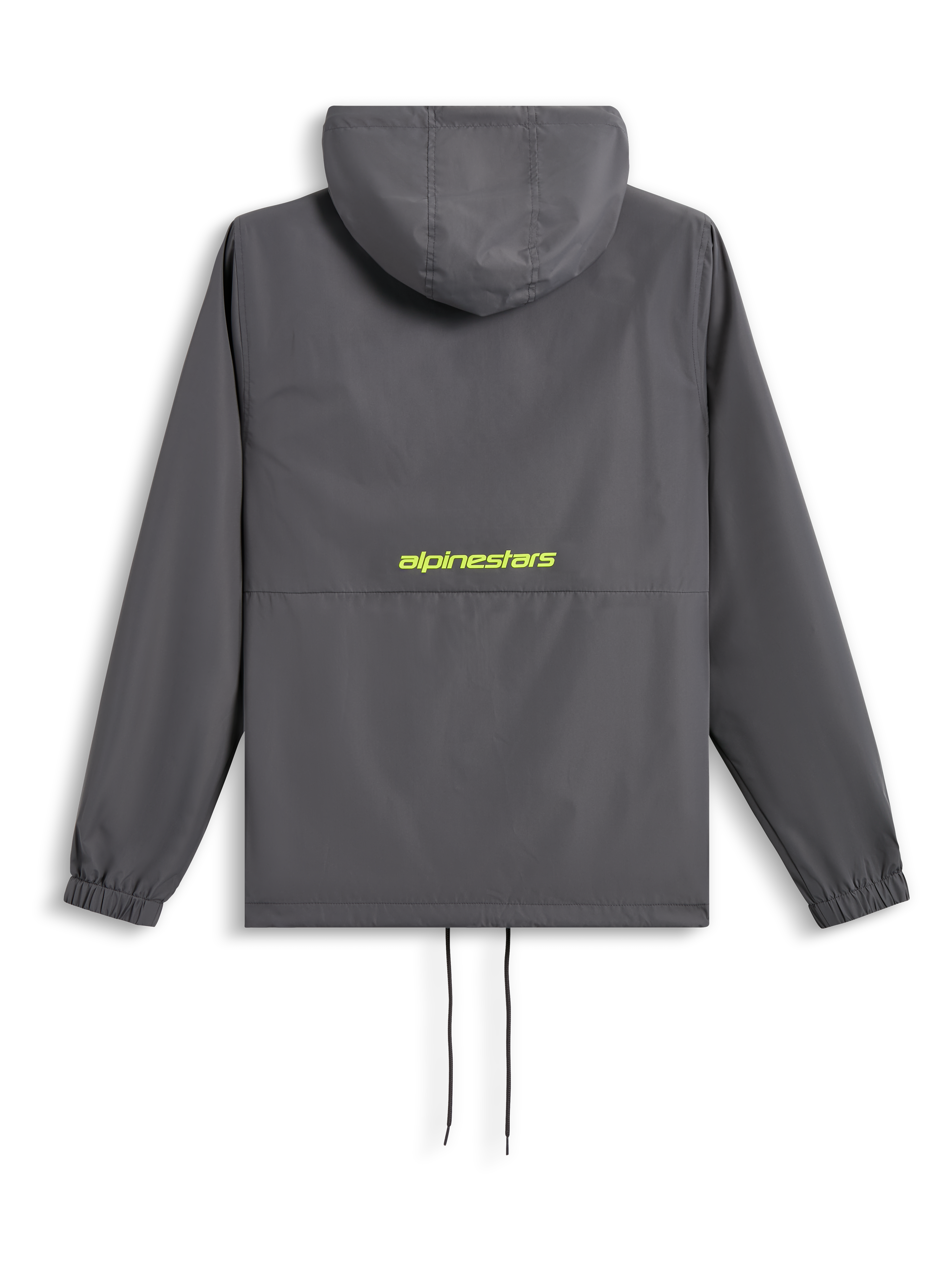 Alpinestars Speeder Chromium Windbreak Jacket, vista trasera, gris carbón con logotipo amarillo de alta visibilidad en la espalda, cortavientos con capucha con puños elásticos y dobladillo con cordón, ropa urbana informal inspirada en el automovilismo