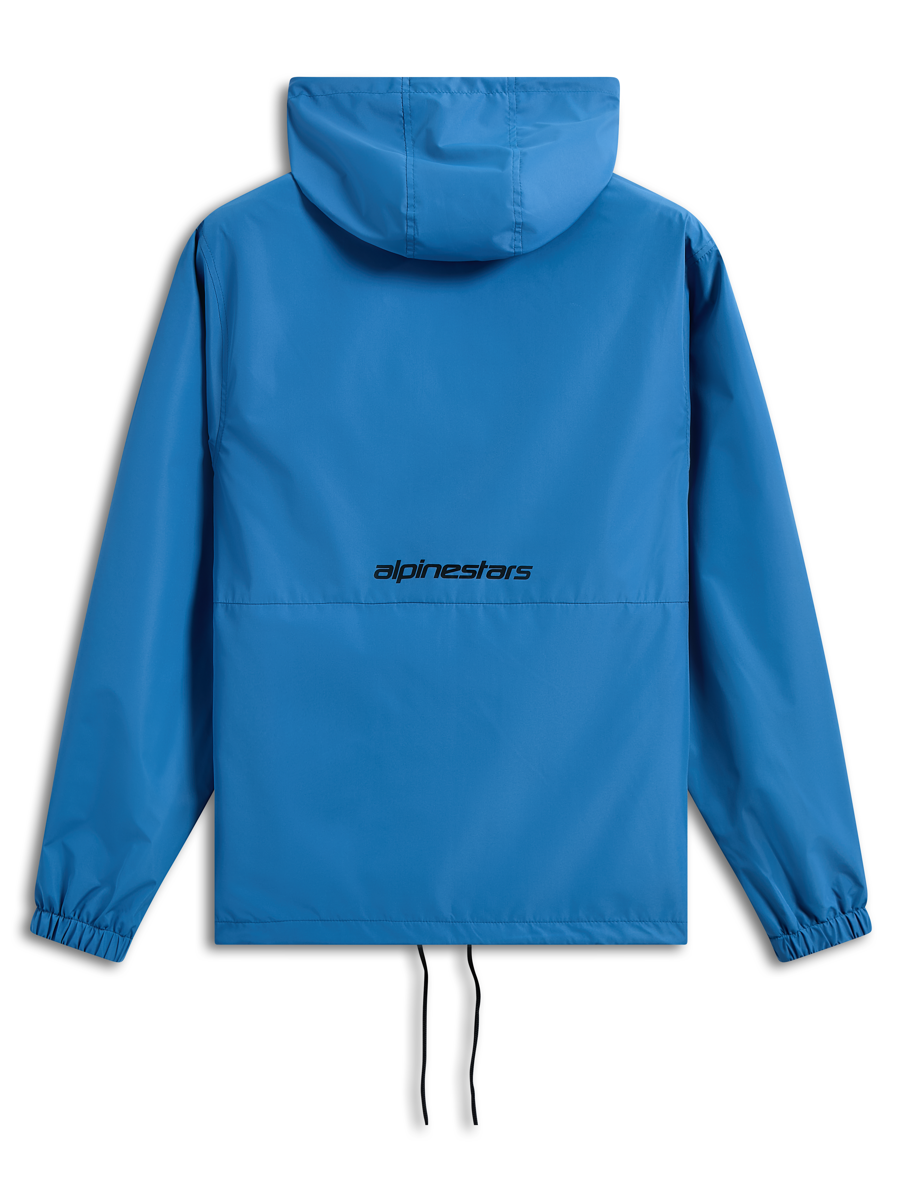 Alpinestars Speeder Chromium Windbreak Jacket, bright blue, back view featuring black Alpinestars word logo, hooded lightweight windbreaker, elastic cuffs, adjustable hem with drawcords, casual motorsport-inspired outerwear