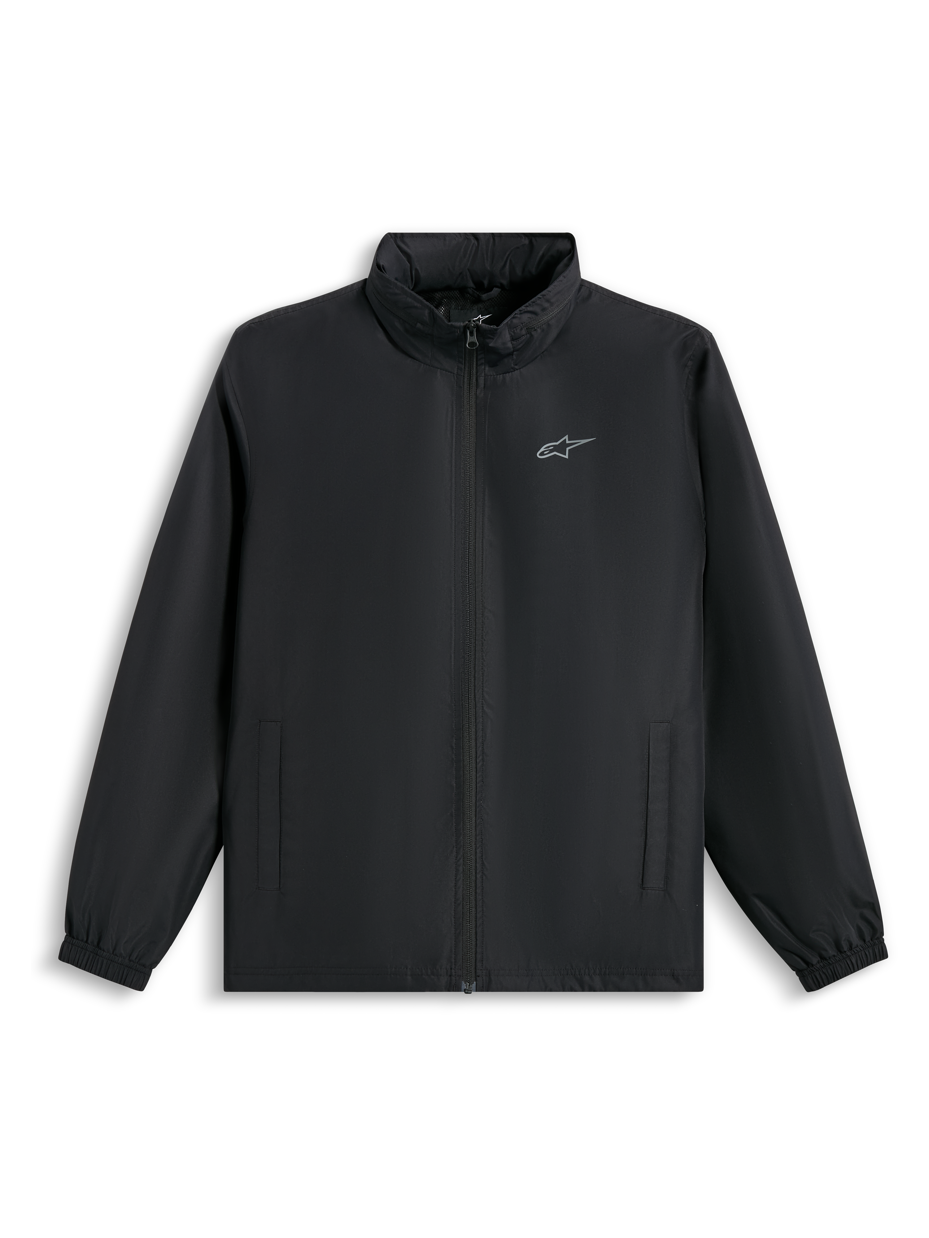 Alpinestars Overhaul Racer Jacket, Black Rain Shell Jacket, featuring a small silver logo on the chest, full front zipper, and side pockets, casual motorsport-inspired streetwear