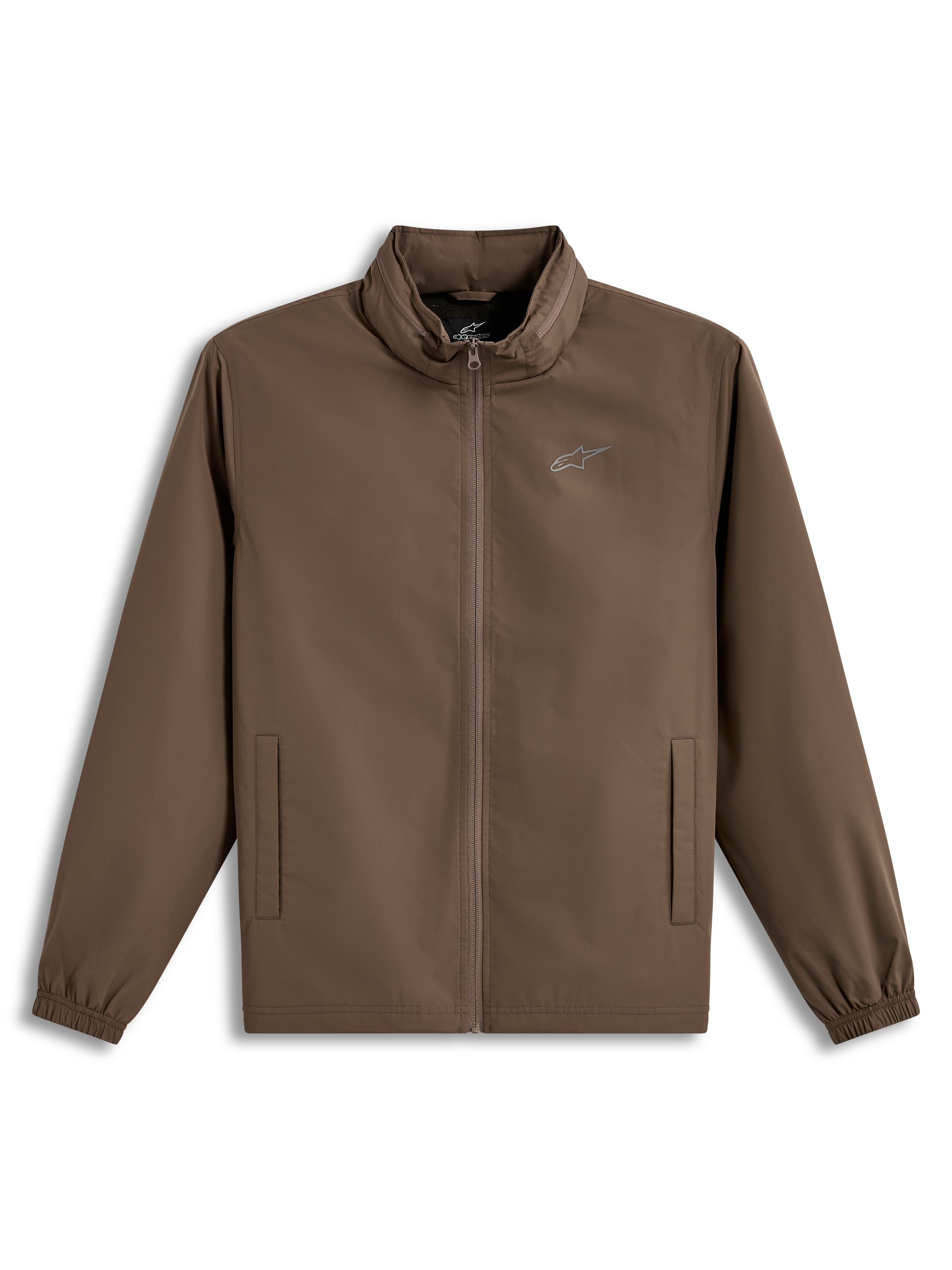 Alpinestars Overhaul Racer, chaqueta deportiva ligera marrón con capucha oculta y logotipo en el pecho