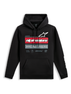 Sudadera con capucha Alpinestars Harken, sudadera negra tipo pullover, gráfico frontal con el logotipo de Alpinestars y el texto 'Racing Ahead', franjas horizontales rojas y grises, bolsillo canguro, logotipo de marca blanco en la manga, ropa urbana informal inspirada en el motociclismo