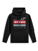 Sudadera con capucha Alpinestars Harken, sudadera negra tipo pullover, gráfico frontal con el logotipo de Alpinestars y el texto 'Racing Ahead', franjas horizontales rojas y grises, bolsillo canguro, logotipo de marca blanco en la manga, ropa urbana informal inspirada en el motociclismo