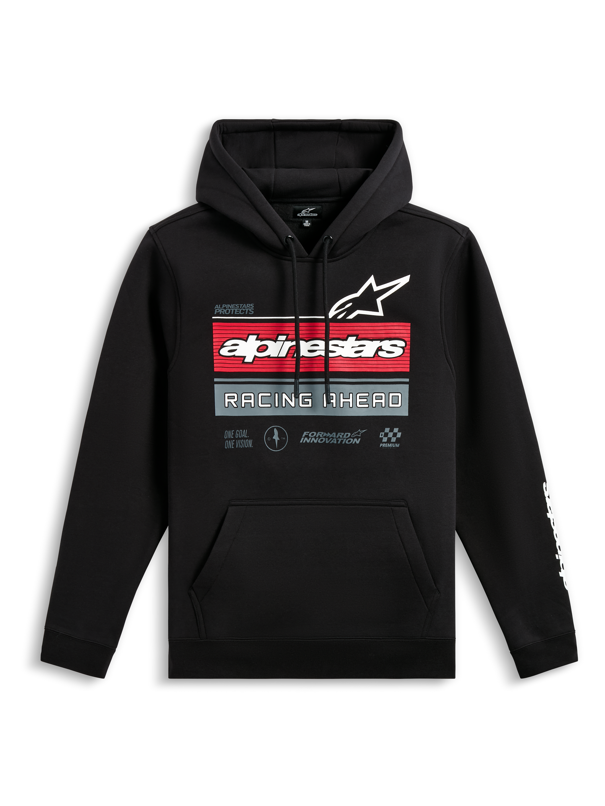 Sudadera con capucha Alpinestars Harken, sudadera negra tipo pullover, gráfico frontal con el logotipo de Alpinestars y el texto 'Racing Ahead', franjas horizontales rojas y grises, bolsillo canguro, logotipo de marca blanco en la manga, ropa urbana informal inspirada en el motociclismo
