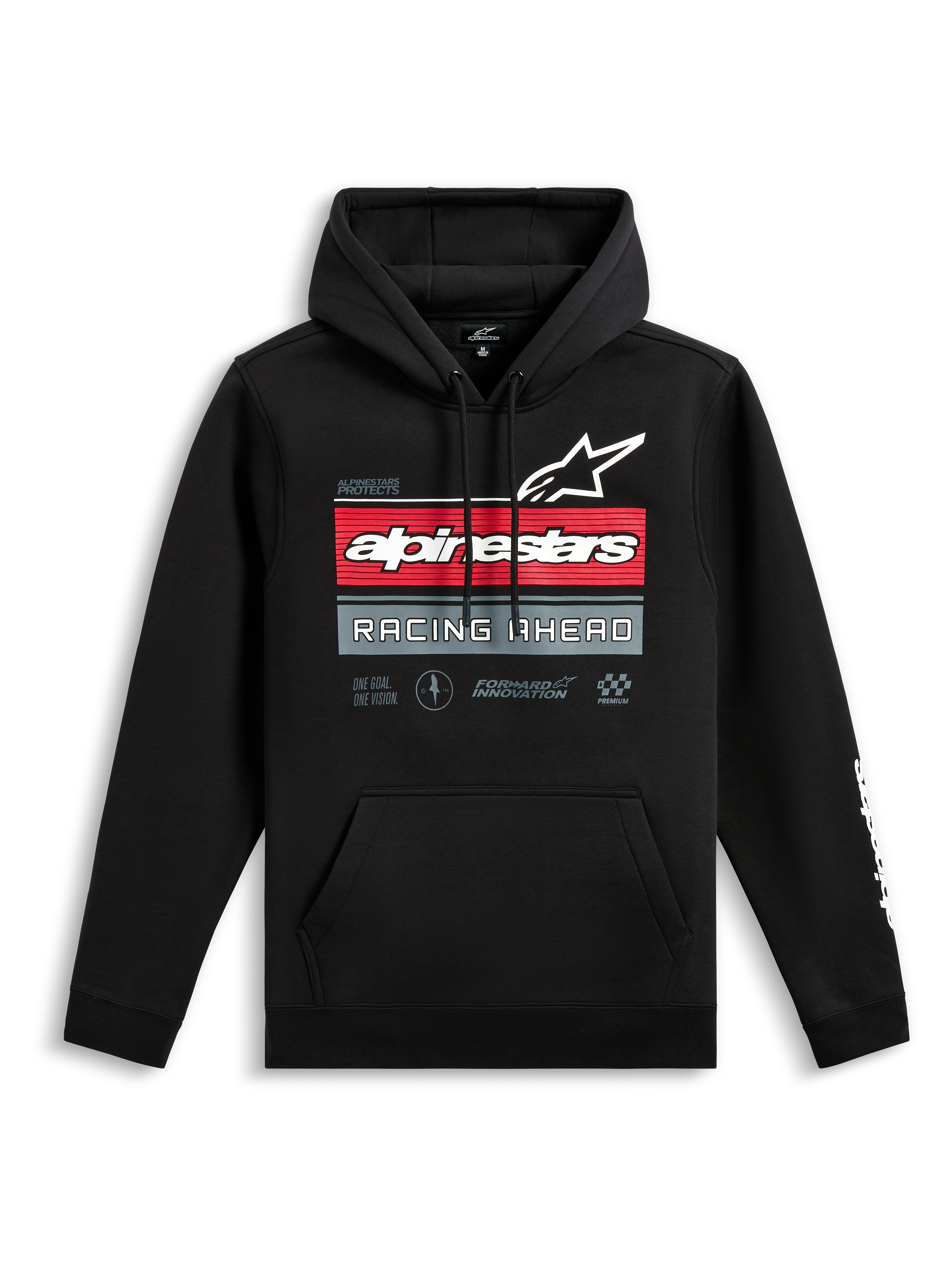 Sudadera con capucha Alpinestars Harken, sudadera negra tipo pullover, gráfico frontal con el logotipo de Alpinestars y el texto 'Racing Ahead', franjas horizontales rojas y grises, bolsillo canguro, logotipo de marca blanco en la manga, ropa urbana informal inspirada en el motociclismo