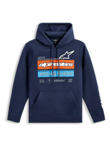 Sudadera con capucha Alpinestars Harken, forro polar azul marino, gráfico frontal con franjas naranjas y azul claro, logotipo blanco de Alpinestars y texto 'Racing Ahead', bolsillo canguro, mangas largas con logotipos y diseño casual inspirado en el motor