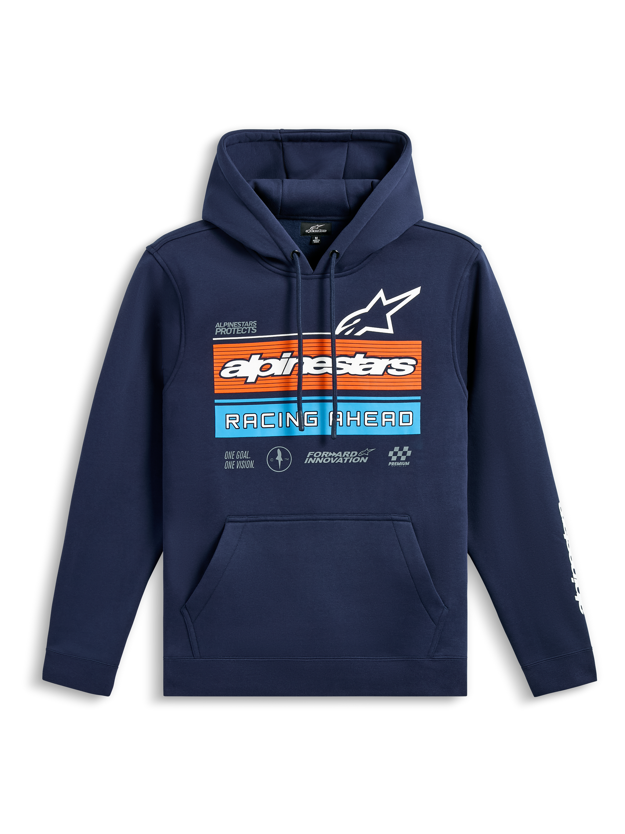 Sudadera con capucha Alpinestars Harken, forro polar azul marino, gráfico frontal con franjas naranjas y azul claro, logotipo blanco de Alpinestars y texto 'Racing Ahead', bolsillo canguro, mangas largas con logotipos y diseño casual inspirado en el motor