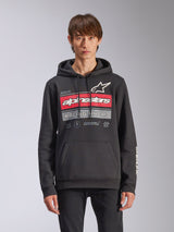 Alpinestars Harken Hoodie, sudadera de forro polar en color negro con un gráfico degradado en rojo y gris, el logotipo de Alpinestars y el texto 'Racing Ahead', bolsillo canguro, capucha con cordón y logotipos en la manga, diseño casual inspirado en el automovilismo