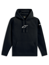 Sudadera con capucha Alpinestars Frontal, estilo streetwear casual, negra con el logotipo de la estrella de Alpinestars en blanco en el pecho, bolsillo canguro, capucha con cordón, mangas largas, diseño inspirado en el automovilismo