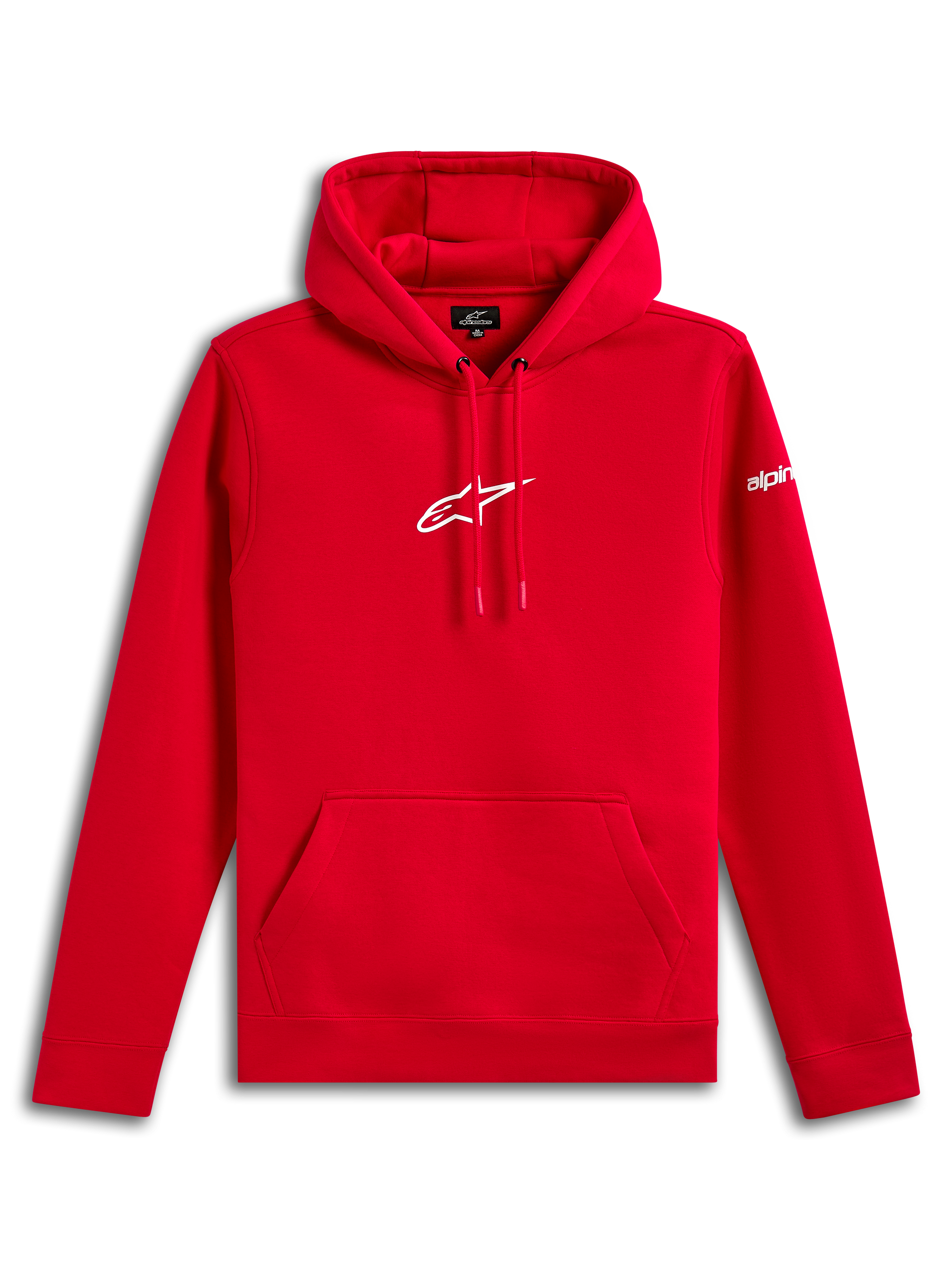 Alpinestars Frontal Hoodie, sudadera de forro polar roja, logotipo Astar de Alpinestars blanco en el pecho y marca en la manga, bolsillo canguro delantero, estilo urbano casual inspirado en el automovilismo