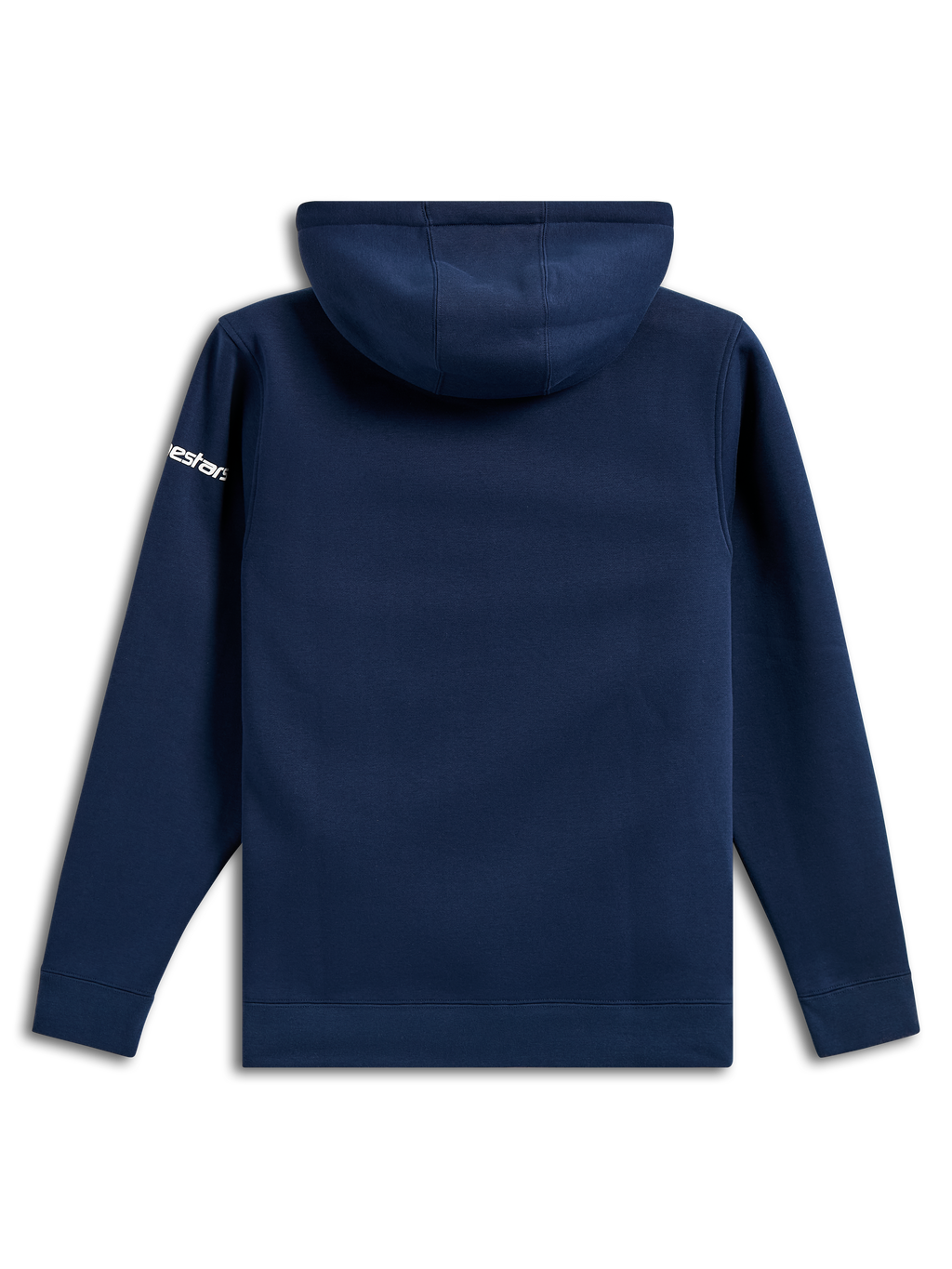 Alpinestars Frontal Hoodie, casual navy blue fleece pullover, rear view, white Alpinestars word logo on sleeve, ribbed cuffs and hem, motorsport-inspired streetwear