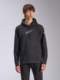 Alpinestars Frontal Hoodie, Black pullover fleece hoodie, white Alpinestars logo on chest, white wordmark on sleeve, kangaroo pocket, casual motorsport streetwear