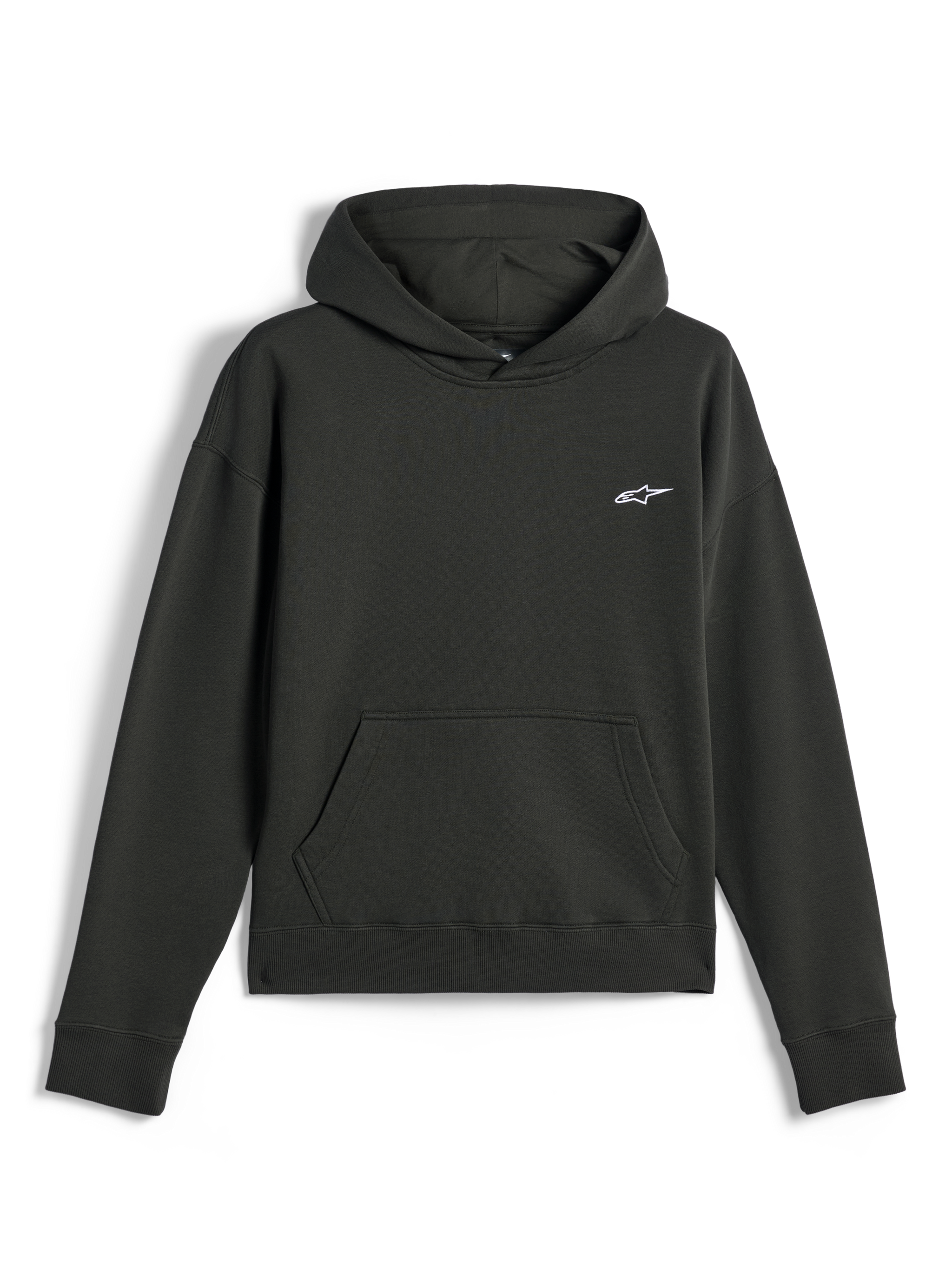 Alpinestars Essentials Ageless Hoodie, casual streetwear, Off Black with small white Astars logo, pullover with hood and front kangaroo pocket, premium stone-washed fleece finish