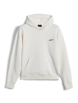 Alpinestars Essentials Ageless Hoodie, sudadera de estilo urbano, color blanco roto con pequeño logo Astar negro en el pecho, bolsillo tipo canguro, manga larga, diseño minimalista inspirado en el motociclismo
