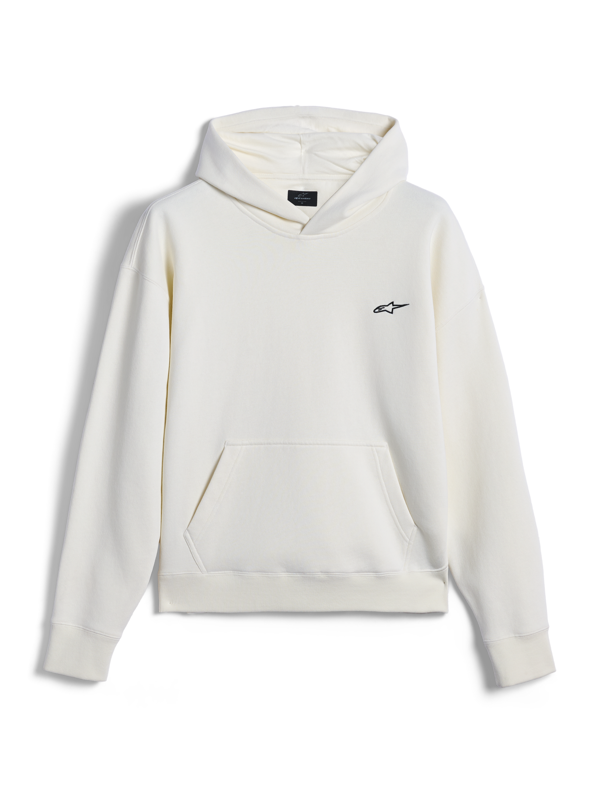 Alpinestars Essentials Ageless Hoodie, sudadera de estilo urbano, color blanco roto con pequeño logo Astar negro en el pecho, bolsillo tipo canguro, manga larga, diseño minimalista inspirado en el motociclismo
