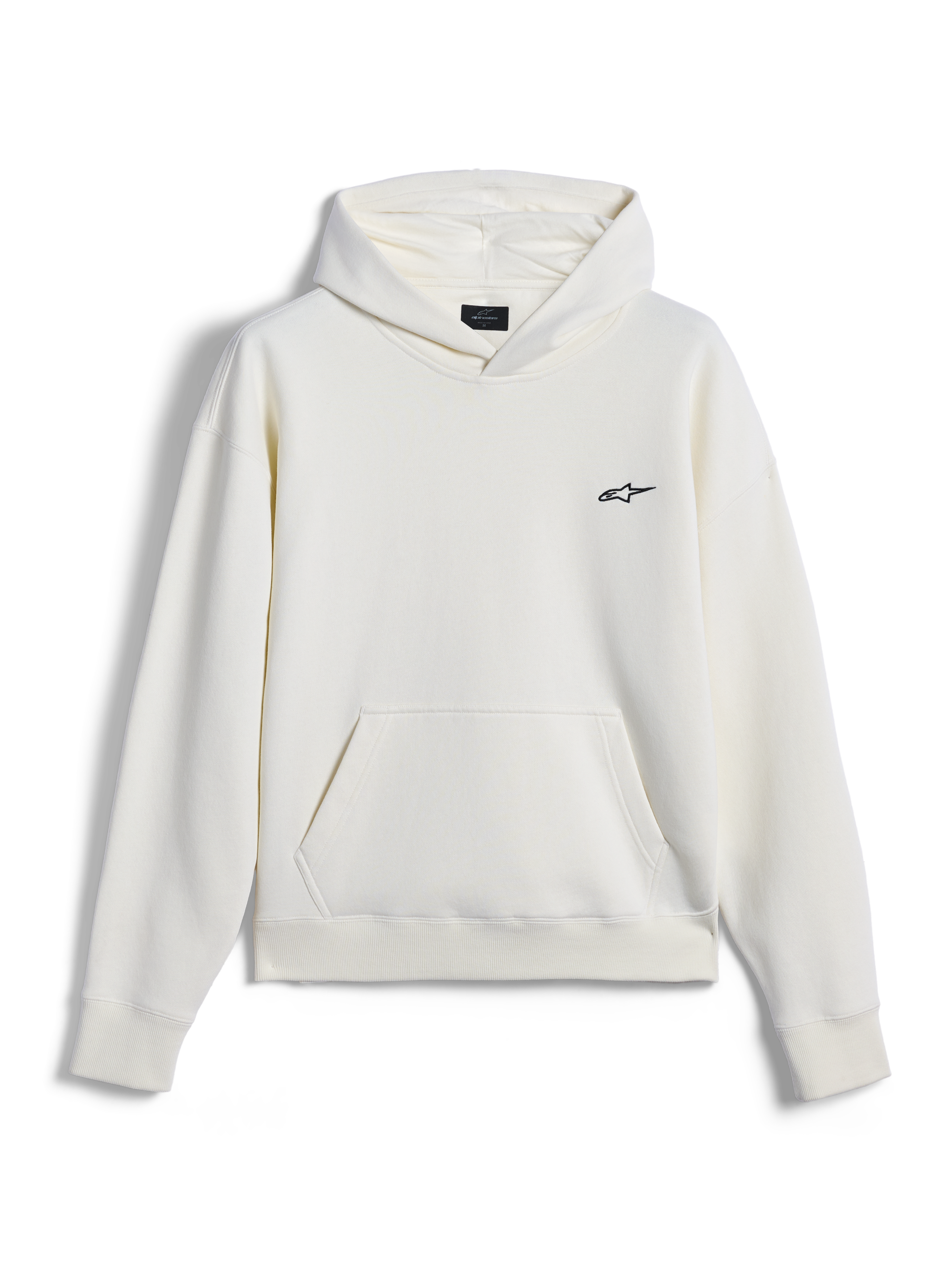 Alpinestars Essentials Ageless Hoodie, sudadera de estilo urbano, color blanco roto con pequeño logo Astar negro en el pecho, bolsillo tipo canguro, manga larga, diseño minimalista inspirado en el motociclismo