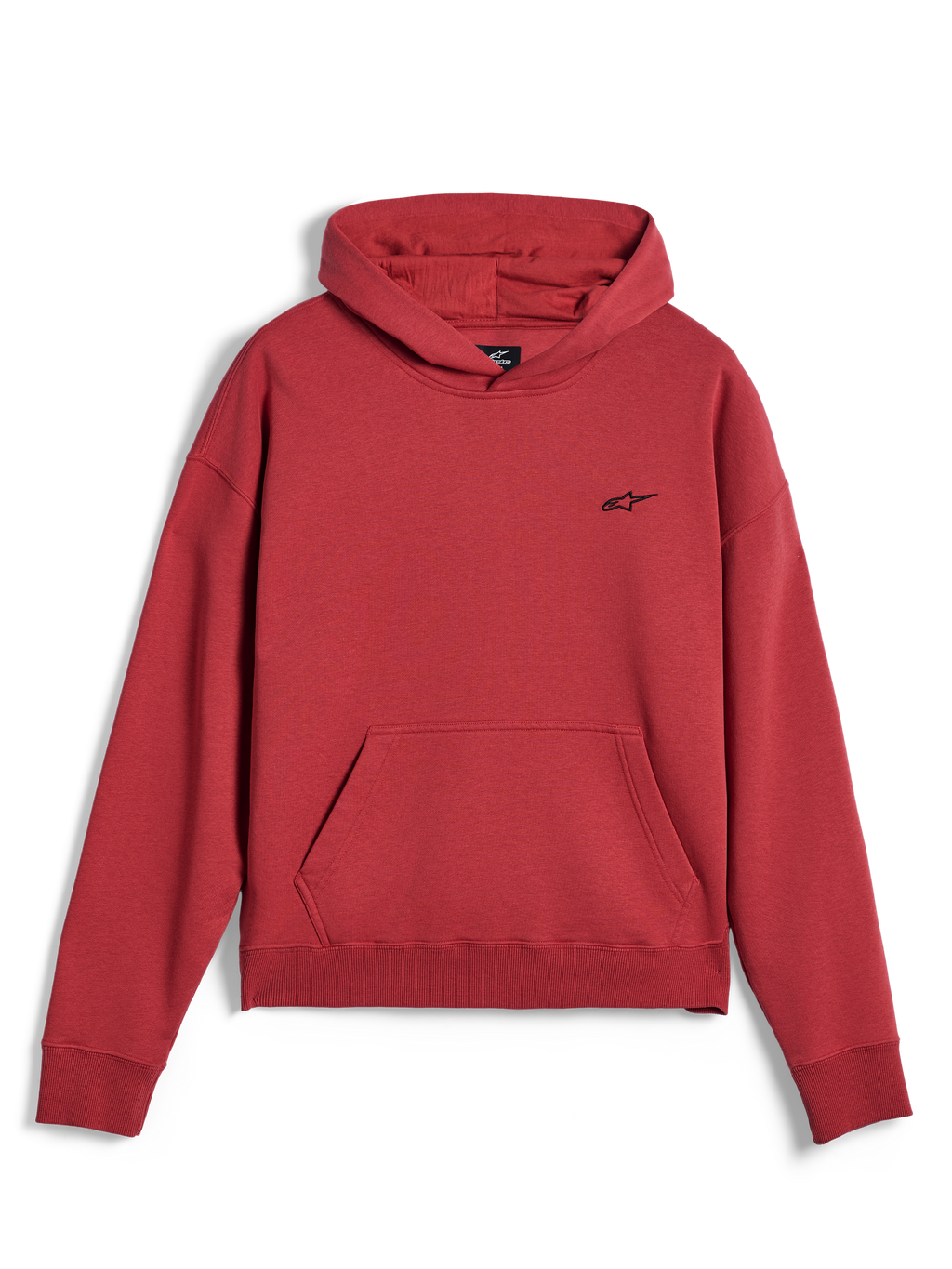 Sudadera con capucha Alpinestars Essentials Ageless, ropa deportiva casual, rojo ladrillo, con un pequeño logotipo de estrella de Alpinestars en negro en el pecho, bolsillo de canguro, y dobladillo y puños acanalados, diseño urbano minimalista