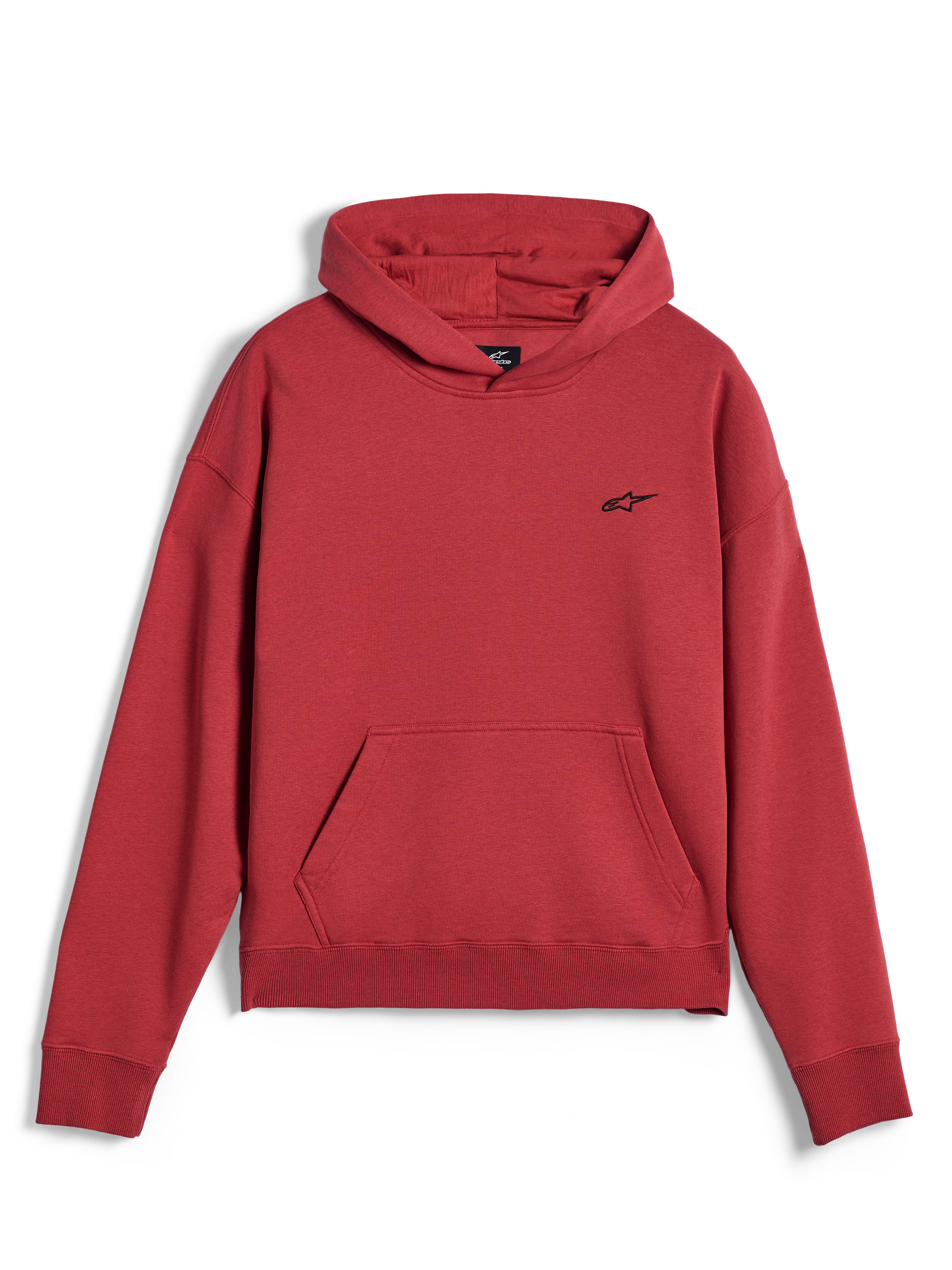 Sudadera con capucha Alpinestars Essentials Ageless, ropa deportiva casual, rojo ladrillo, con un pequeño logotipo de estrella de Alpinestars en negro en el pecho, bolsillo de canguro, y dobladillo y puños acanalados, diseño urbano minimalista