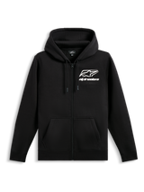 Sudadera con capucha Alpinestars Formulation, sudadera de forro polar con cremallera frontal, negra, con logotipo y marca de Alpinestars en blanco en el pecho, capucha con forro de malla y cordón, puños y dobladillo acanalados, ropa urbana casual de estilo motorsport