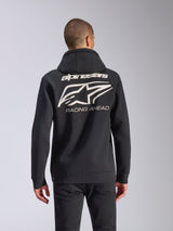 Alpinestars Formulation Hoodie, sudadera negra con cremallera y capucha, vista posterior con logotipo grande de estrella Alpinestars en color crema y texto 'RACING AHEAD', ropa urbana casual inspirada en el automovilismo