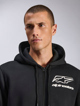 Alpinestars Formulation Hoodie, negra, sudadera con capucha y cremallera frontal, logotipo y marca Alpinestars en blanco en el pecho, capucha con forro de malla y cordones, ropa urbana casual inspirada en el automovilismo