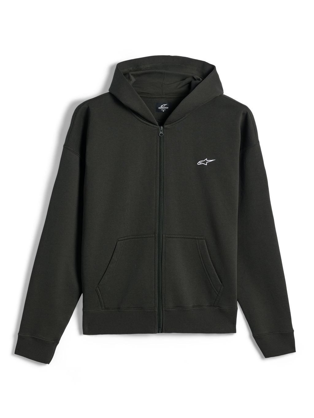 Sudadera con capucha y cremallera Alpinestars Essentials Ageless, sudadera de forro polar con cremallera completa, Off Black, pequeño logotipo blanco de Alpinestars en el lado izquierdo del pecho, estilo streetwear casual de motorsport, con bolsillos delanteros y puños acanalados