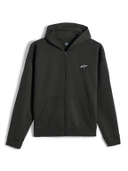Sudadera con capucha y cremallera Alpinestars Essentials Ageless, sudadera de forro polar con cremallera completa, Off Black, pequeño logotipo blanco de Alpinestars en el lado izquierdo del pecho, estilo streetwear casual de motorsport, con bolsillos delanteros y puños acanalados