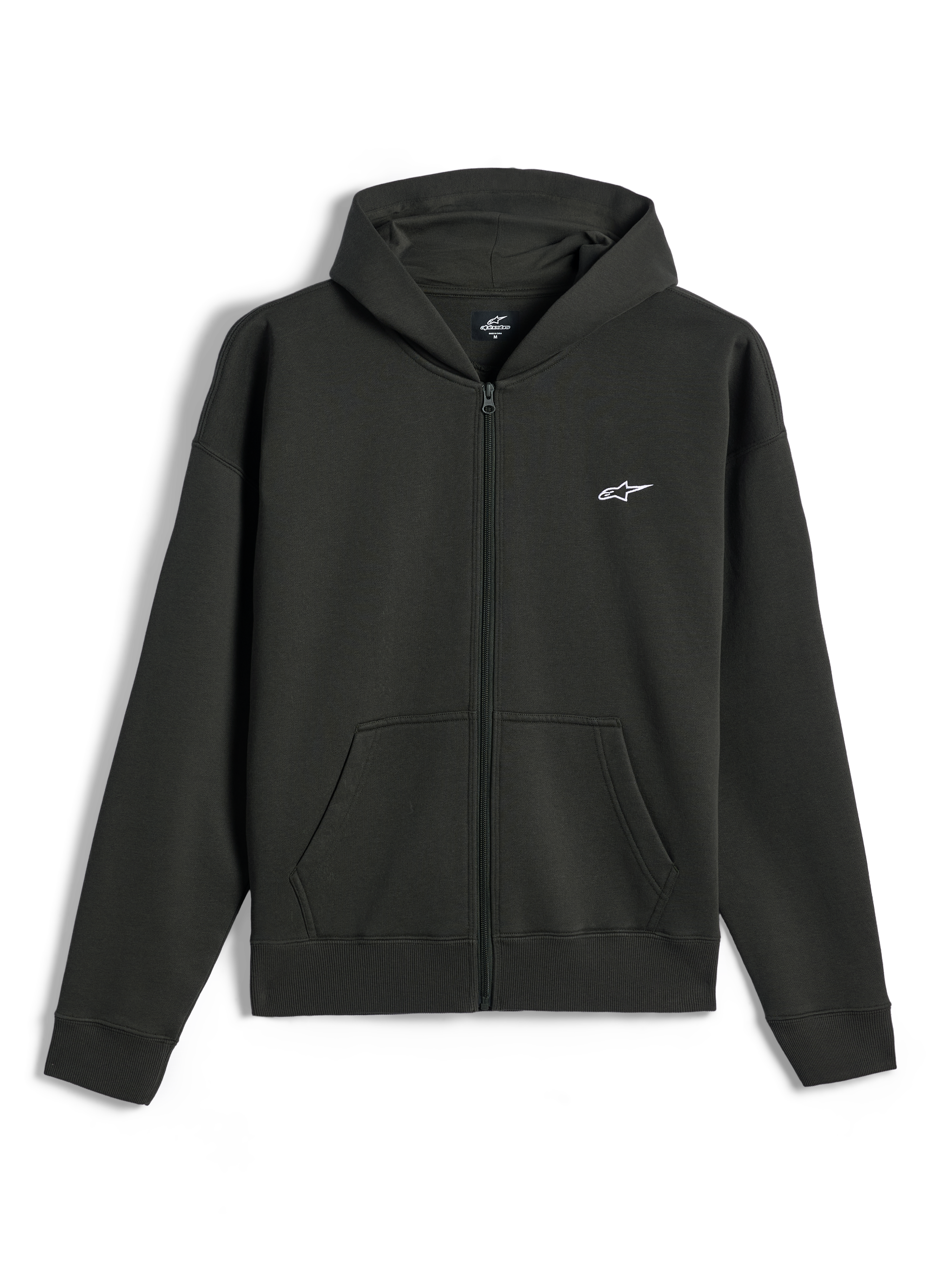 Sudadera con capucha y cremallera Alpinestars Essentials Ageless, sudadera de forro polar con cremallera completa, Off Black, pequeño logotipo blanco de Alpinestars en el lado izquierdo del pecho, estilo streetwear casual de motorsport, con bolsillos delanteros y puños acanalados