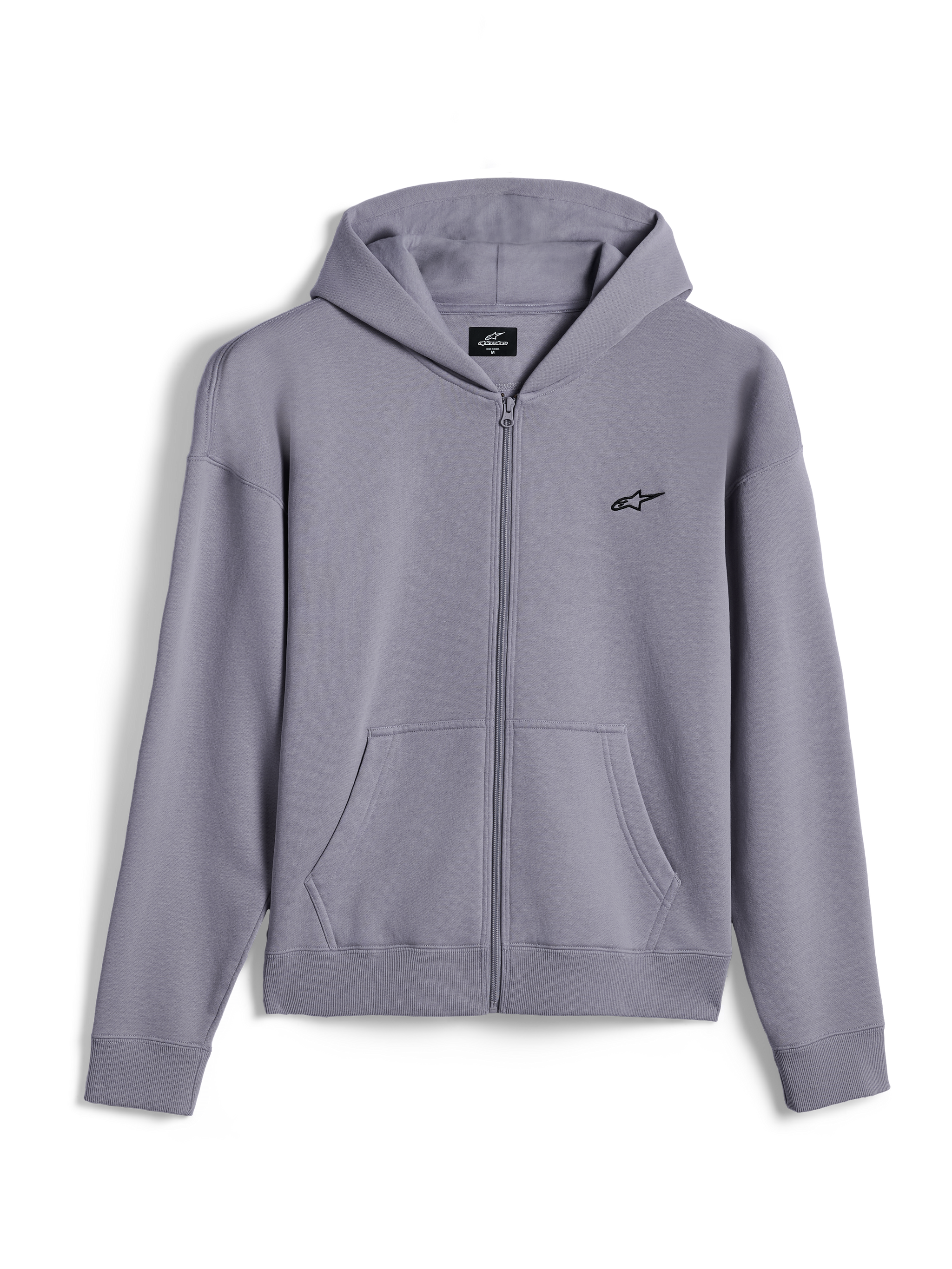 Alpinestars Essentials Ageless Zip Hoodie, ropa urbana casual, Plateado, pequeño logotipo negro de Alpinestars en el pecho, frontal con cremallera completa y bolsillos tipo canguro, puños y dobladillo acanalados, diseño minimalista inspirado en el automovilismo