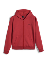 Sudadera con capucha y cremallera Alpinestars Essentials Ageless, sudadera de cremallera completa, color rojo ladrillo, pequeño logotipo negro de Alpinestars en el pecho, ropa urbana casual de estilo motorsport, puños y dobladillo acanalados
