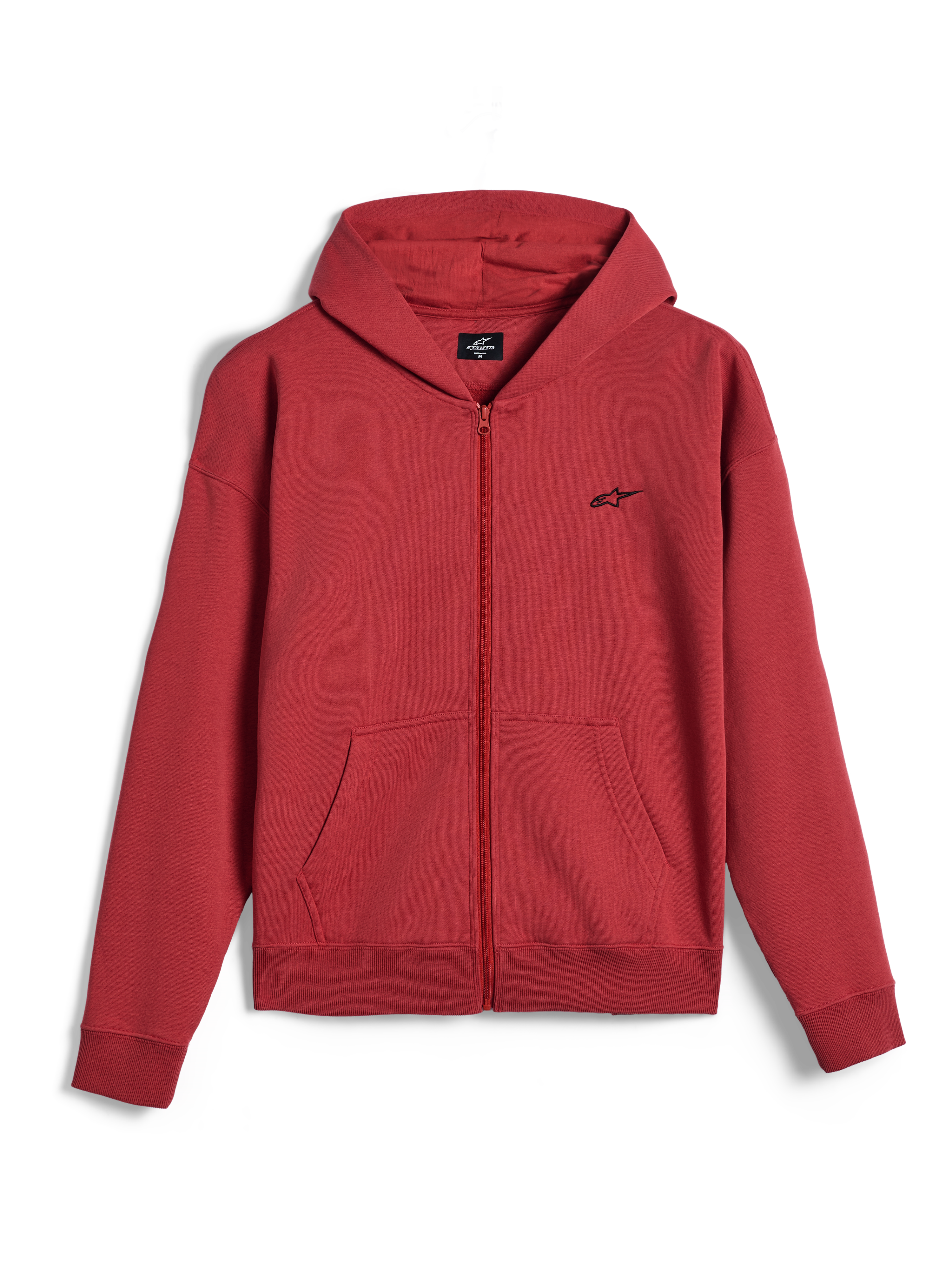 Alpinestars Essentials Ageless Zip Hoodie, Full-Zip Hoodie, Brick Red, Small Black Alpinestars Logo on the Chest, Casual Motorsport Streetwear, Ribbed Cuffs and Hem