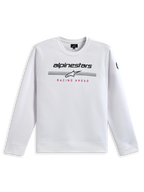 Alpinestars Bettern Crew Sweatshirt, White, featuring black Alpinestars branding, grey racing stripes with a white star logo, and red 'RACING AHEAD' print, casual motorsport-inspired streetwear