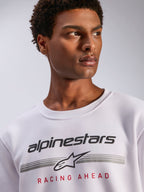 Alpinestars Bettern Crew, White Fleece Crewneck, Black Alpinestars logo with grey horizontal lines and red 'Racing Ahead' text, casual motorsport-inspired streetwear