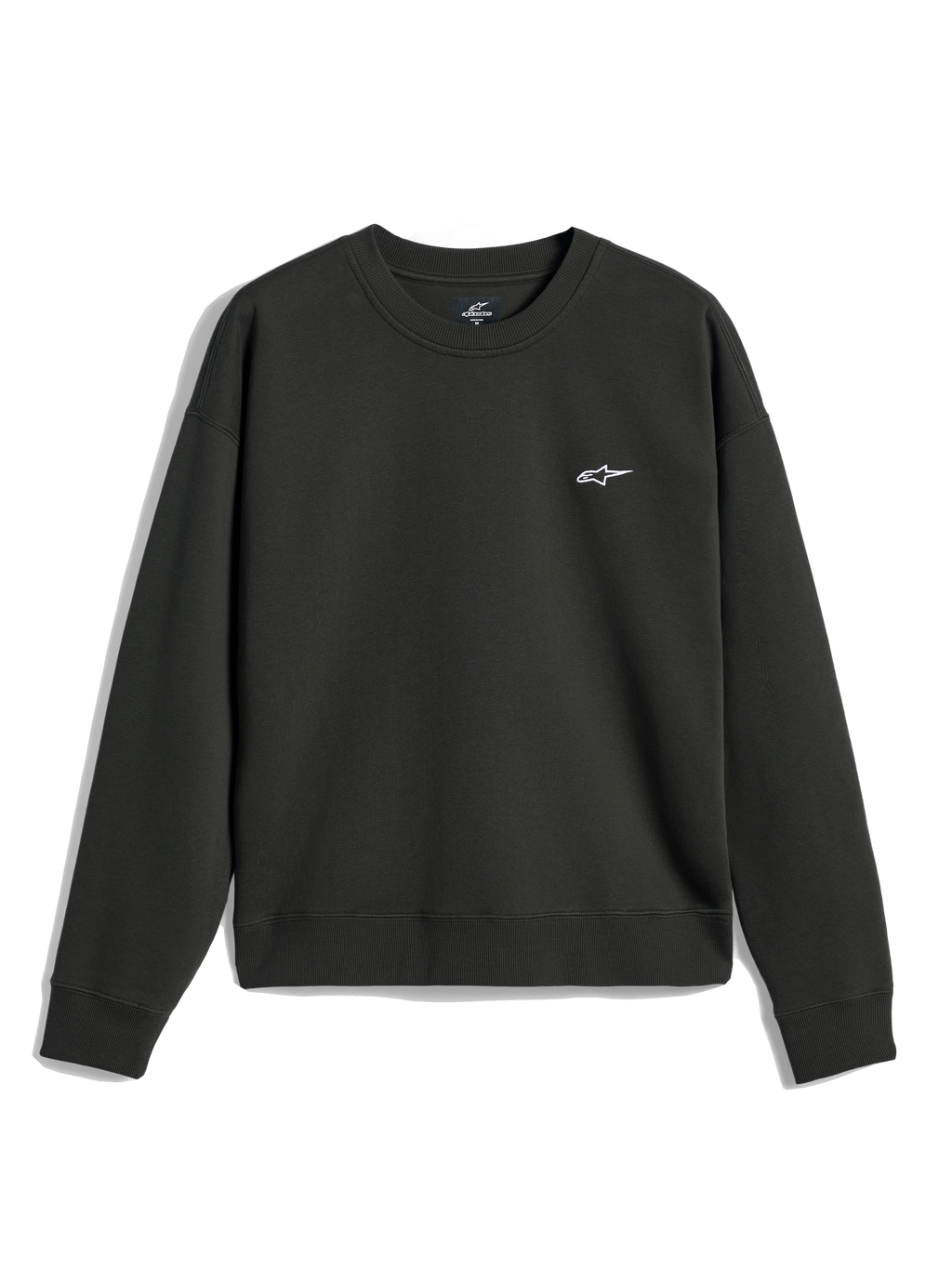Alpinestars Essentials Ageless Crew, sudadera de cuello redondo, color Off Black, pequeño logotipo A-star blanco en el pecho, cuello, puños y dobladillo acanalados, forro polar premium de estilo streetwear