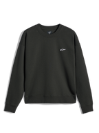 Alpinestars Essentials Ageless Crew, sudadera de cuello redondo, color Off Black, pequeño logotipo A-star blanco en el pecho, cuello, puños y dobladillo acanalados, forro polar premium de estilo streetwear