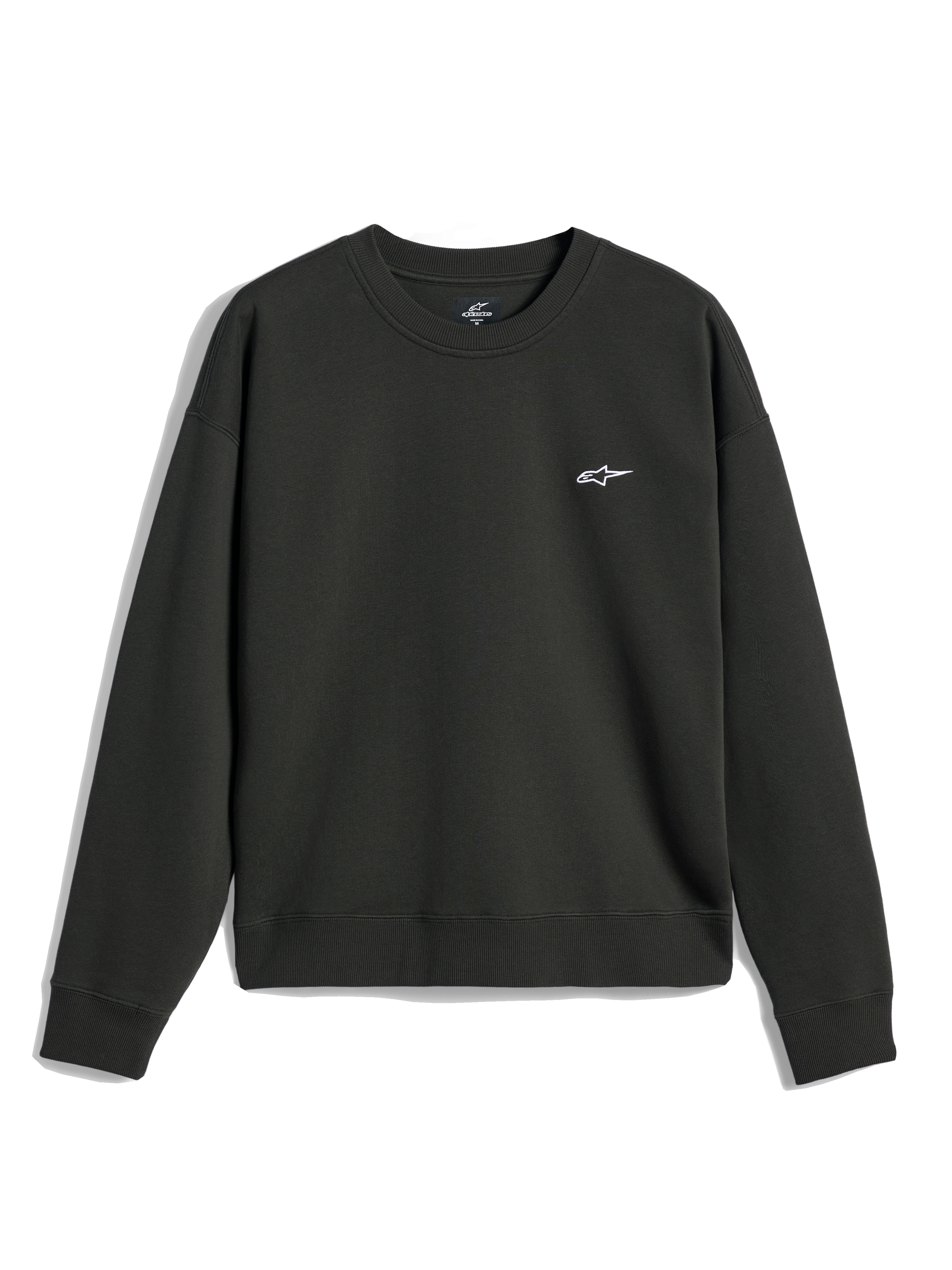 Alpinestars Essentials Ageless Crew, sudadera de cuello redondo, color Off Black, pequeño logotipo A-star blanco en el pecho, cuello, puños y dobladillo acanalados, forro polar premium de estilo streetwear