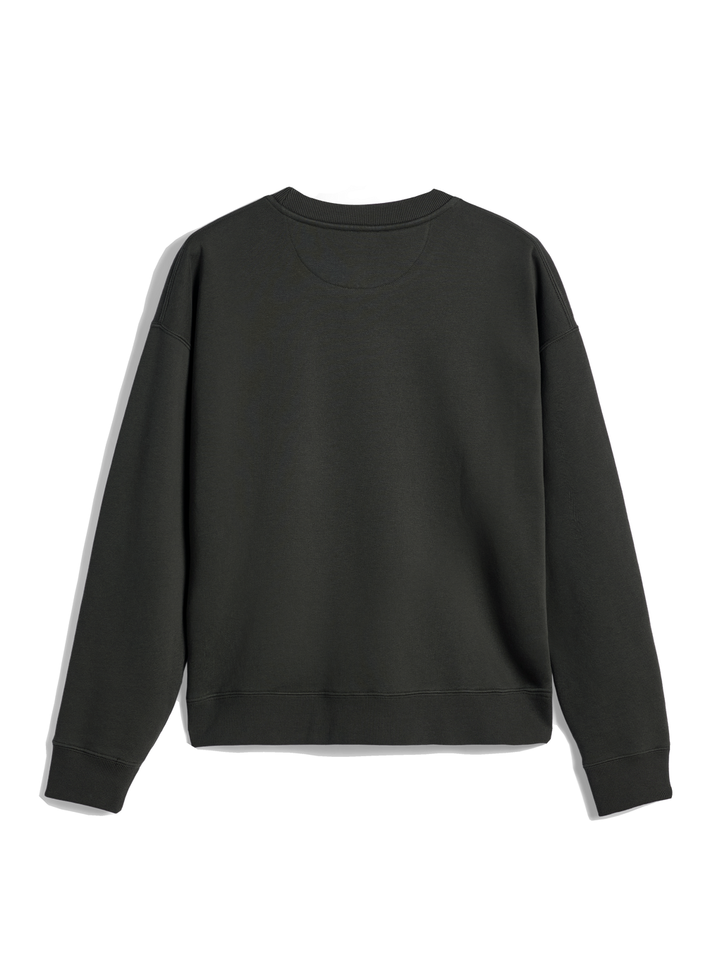 Alpinestars Essentials Ageless Crew, sudadera de cuello redondo, negro, vista posterior que muestra cuello, puños y dobladillo acanalados, forro polar compacto premium, estilo urbano casual