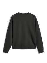 Alpinestars Essentials Ageless Crew, sudadera de cuello redondo, negro, vista posterior que muestra cuello, puños y dobladillo acanalados, forro polar compacto premium, estilo urbano casual