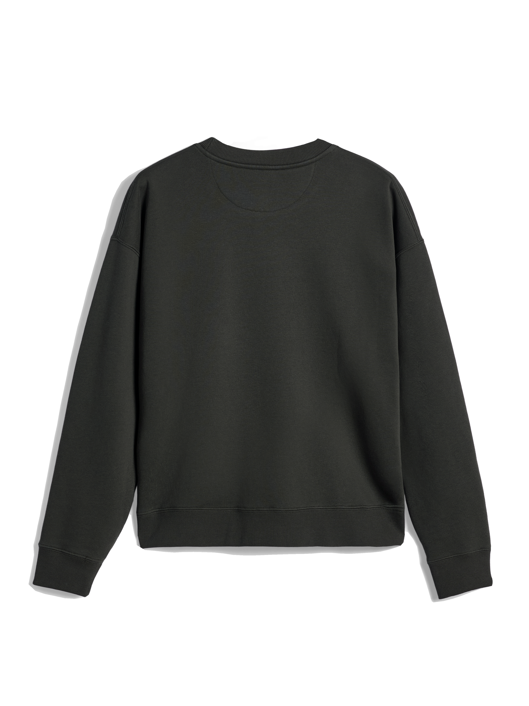 Alpinestars Essentials Ageless Crew, sudadera de cuello redondo, negro, vista posterior que muestra cuello, puños y dobladillo acanalados, forro polar compacto premium, estilo urbano casual