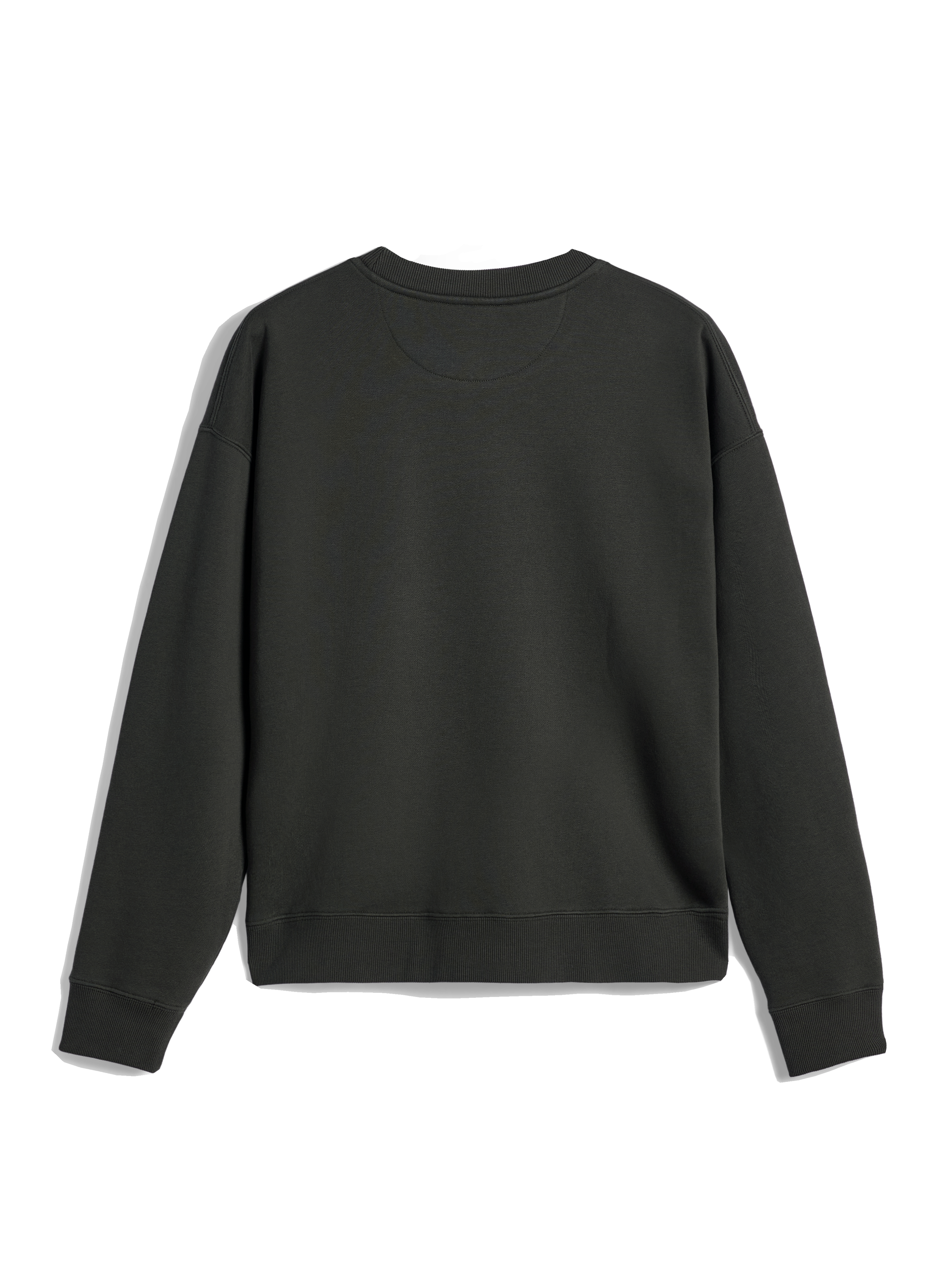 Alpinestars Essentials Ageless Crew, sudadera de cuello redondo, negro, vista posterior que muestra cuello, puños y dobladillo acanalados, forro polar compacto premium, estilo urbano casual