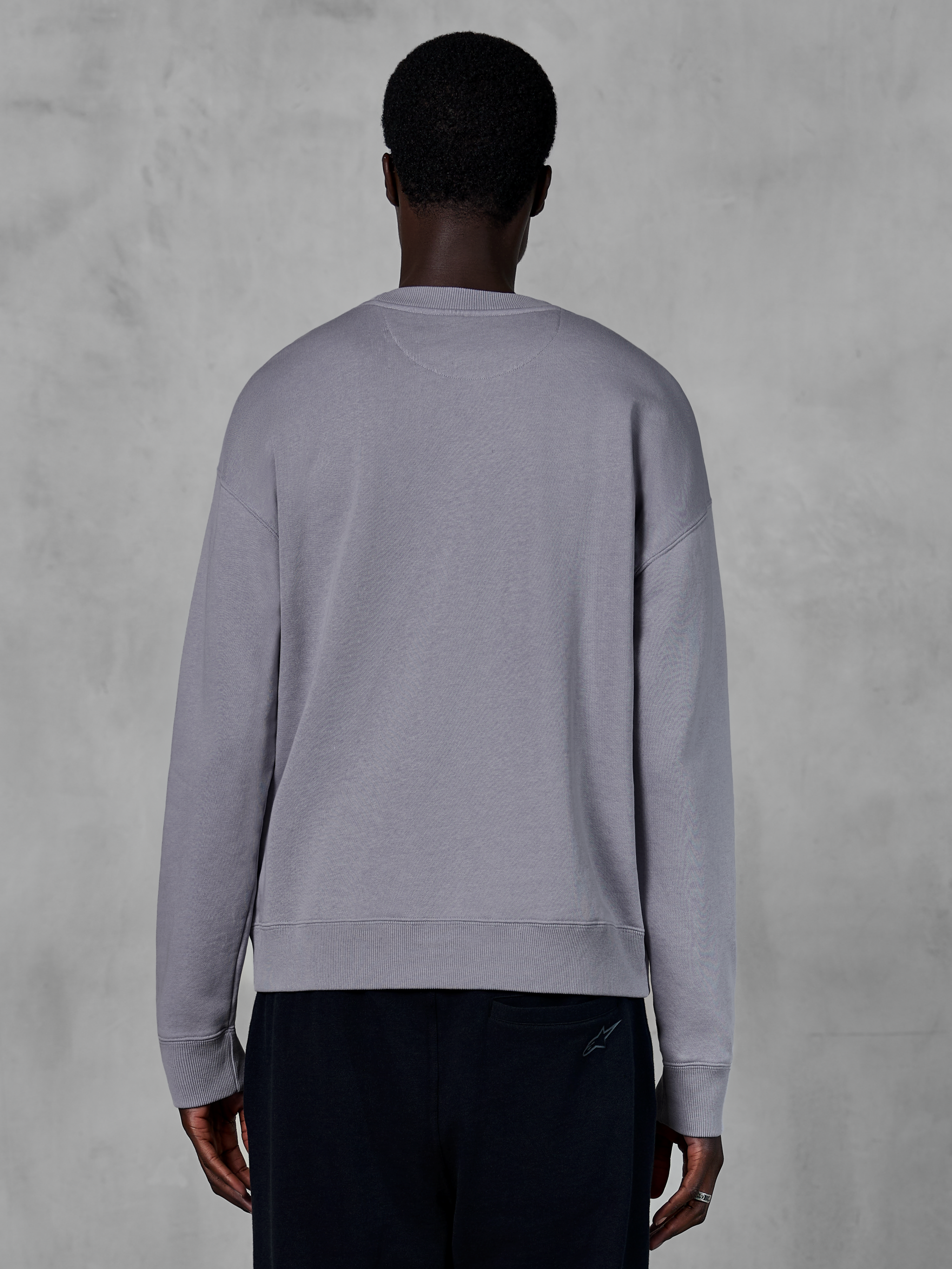 Alpinestars Essentials Ageless Crew, Crewneck Sweatshirt, Silver, back view, premium compact fleece, relaxed fit with ribbed hem and cuffs, casual motorsport streetwear